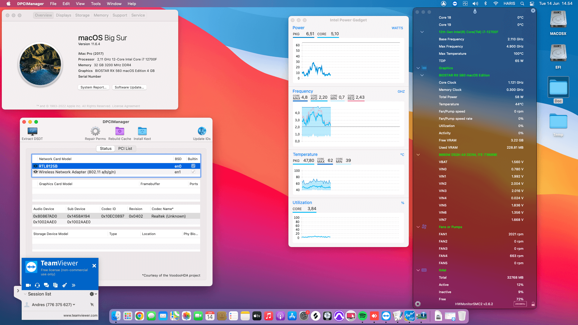 Success Hackintosh macOS Big Sur 11.6.4 Build 20G417 in Gigabyte B660M DS3H AX DDR4 + Intel Core i7 12700F + Biostar RX 560